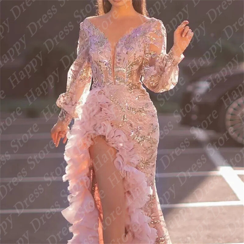 Pink Formal dress For Women Evening Dresses Sheath Long Sleeves Beading High Side Split Floor Length Prom dress Robes De Soirée