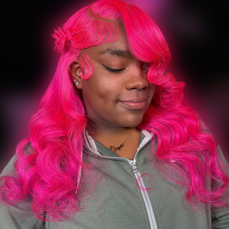 Różowe ludzkie włosy 13x6 koronkowa przednia wstępnie rozciągnięta peruka przezroczysta koronkowa peruka na przód 13x4 o wysokim połysku peruka Body Wave 250 gęstości