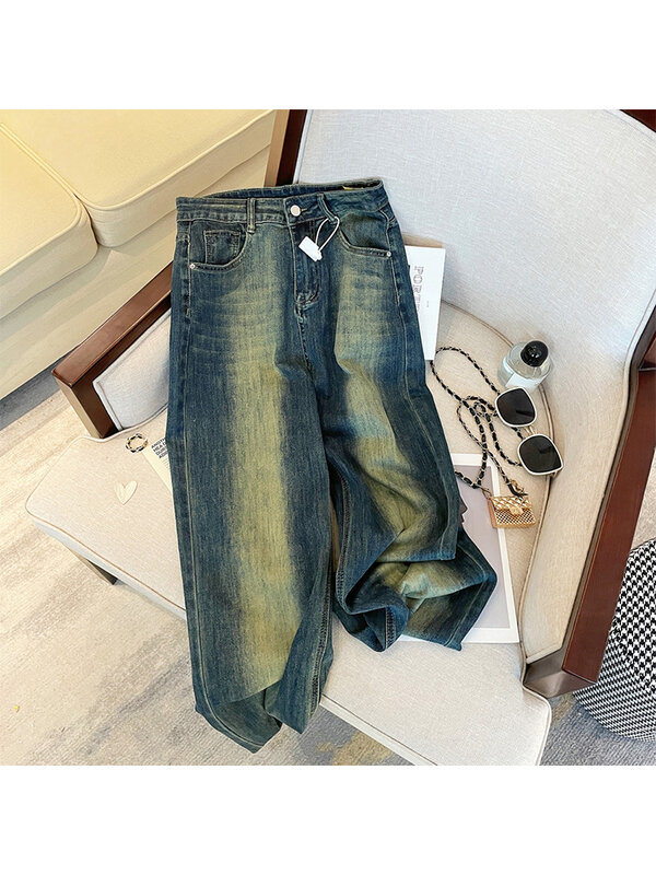 بنطلون جينز فضفاض عتيق للسيدات ، بنطلون جينز أزرق هاراجوكو ، بنطلون كاوبوي واسع الساق ، ملابس عالية الخصر ، ملابس كورية ، جمالية ، 2000s ، Y2k ، 90s