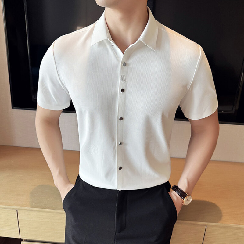 High Drape Waffle Comfort Thin Men Summer Short Sleeve Shirt High Stretch Embroidered Shirt for Men Slim-fit Business Casual Top