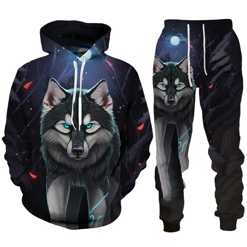 2023 New Men animal wolf Hoodie Printed Male Autumn Casual Sweatshirt Sweatpants Pullover Men Tracksuit Set Men's Clothing Suit