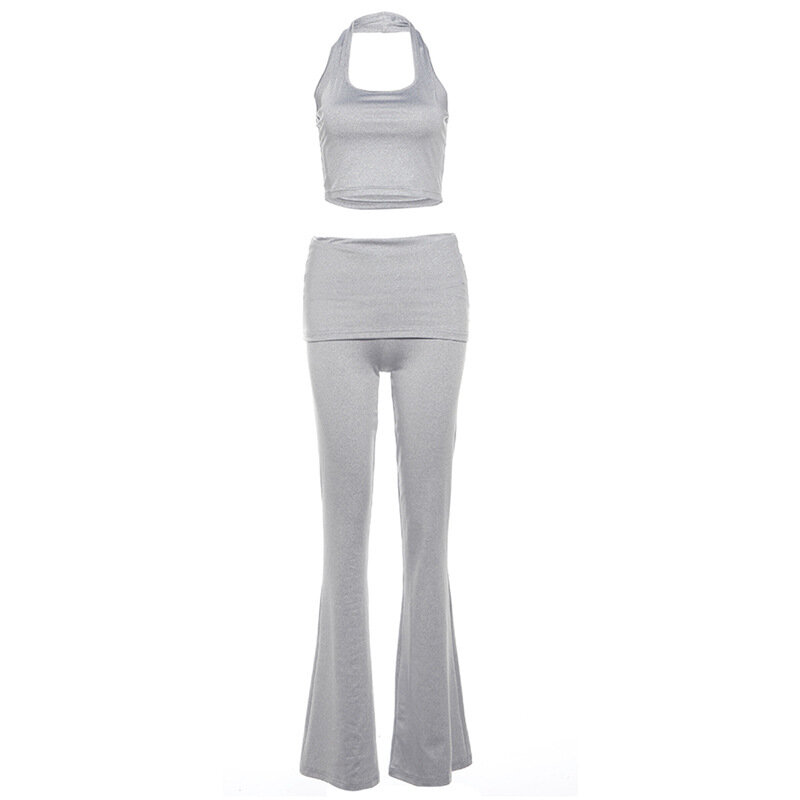 Grey Women's Pants Set 2 Pieces Top+Trousers Sexy Halter Sleeveless Sport Daily Street Wear Summer In Stock