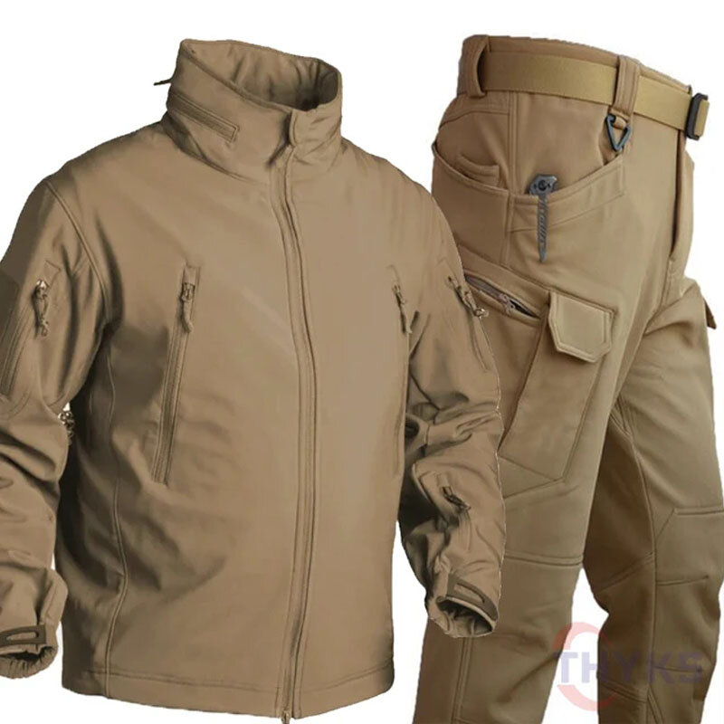 Winter Fleece Tactical Soft Shell Sets Mens Outdoor Waterproof Multi-Pockets Shark Skin Jackets Cargo Pants Military Suits Male