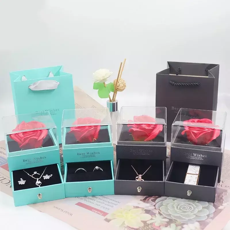 Eternal Rose Flower Jewelry Gift Box Ring Earrings Necklace Storage Boxes Wedding Christmas Valentines Artificial Jewellery Case
