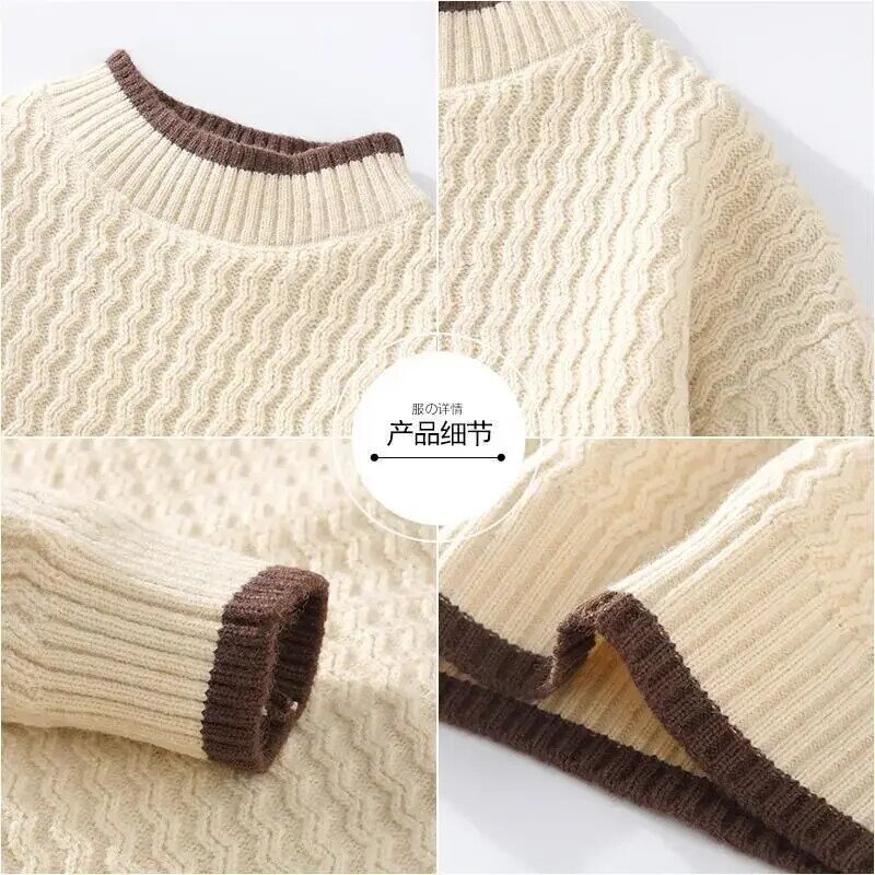 Sweater kerah tinggi dua potong untuk pria, Sweater kasual kerah setengah tinggi, Sweater pola gelombang palsu lengan panjang ukuran besar musim gugur dan musim dingin pria