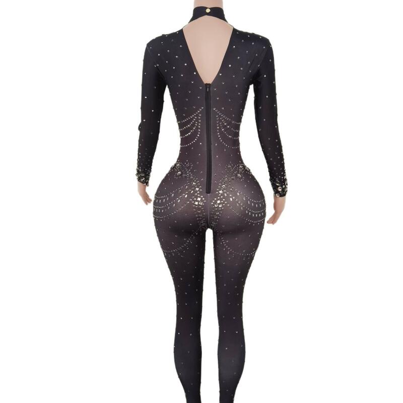 Nightclub Ds Dance Leotard Party Crystals Bodysuits Shiny Crystals Long Sleeves Bodycon Women's Jumpsuits Showgirl Stage Wear