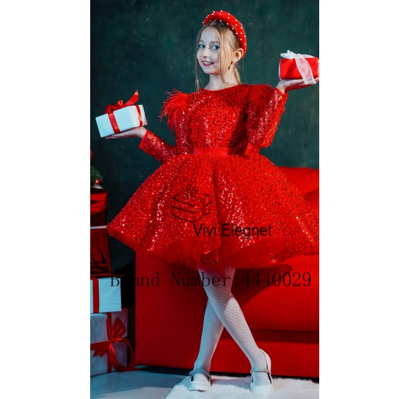 Red Scoop Flower Girls Dresses with Sequiend Knee Length Full Sleeve Christmas Gowns for Princess 2024 Summer فلور فتاة اللباس