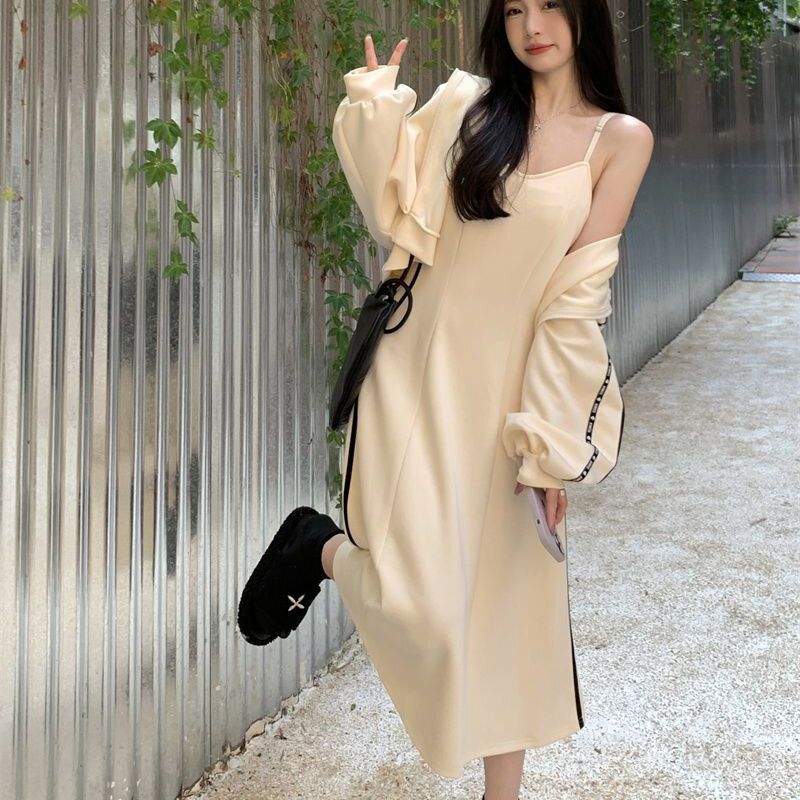 Midi Dress Sets Women Short Hoodies Solid Chic Long Sleeve Zipper A-line Loose Baggy M-5XL Korean Streetwear Elegant Stylish