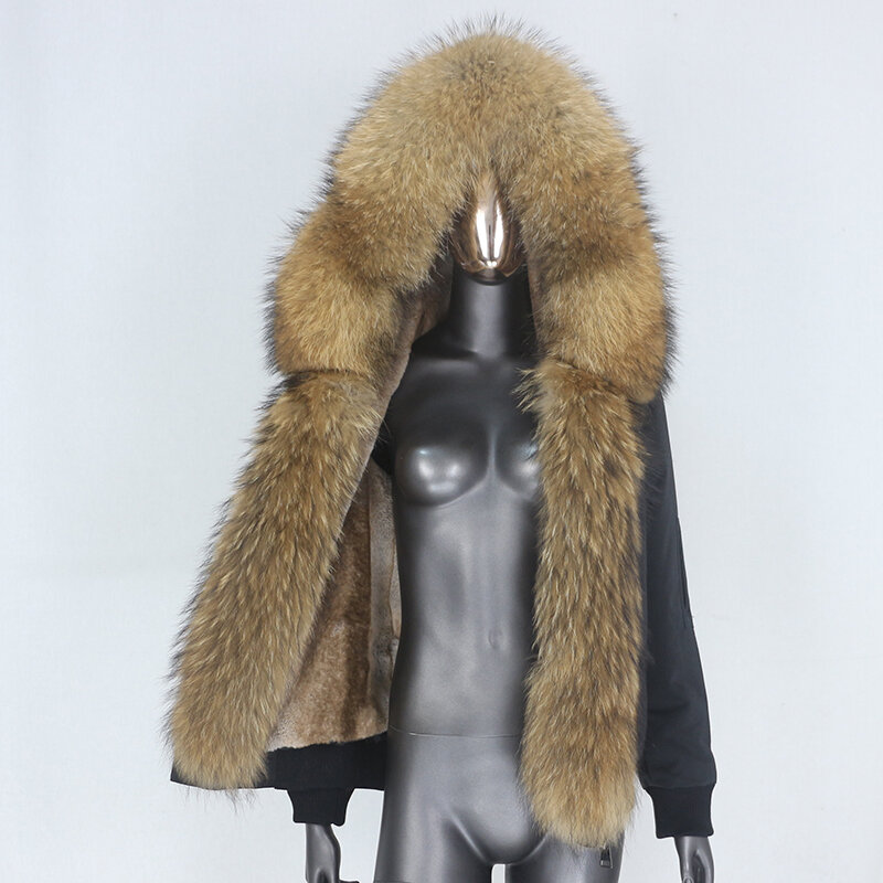 FURYOURSELF 여성용 2023 방수 봄버 파카 코트, 천연 여우 너구리 모피 칼라 후드, 겨울 재킷, 탈부착 가능한 두꺼운 겉옷