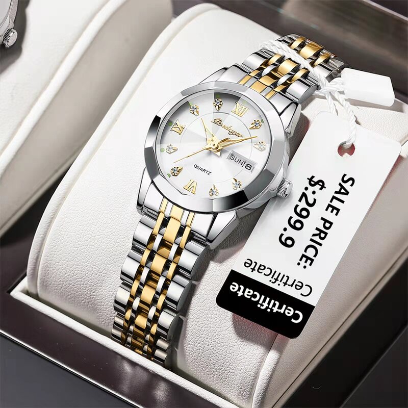 POEDAGAR jam tangan tahan air bercahaya wanita, arloji gaun Stainless Steel Tanggal + kotak