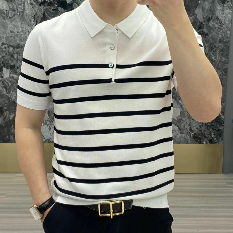 Korean Clothing Smart Casual Splicing Stripe Slim Polo Shirts Summer Men Knitted Streetwear Fashion Short Sleeve Versatile Tops