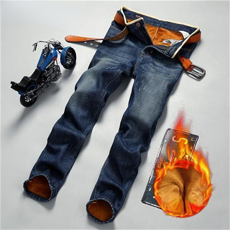 2022 inverno nuovi Jeans caldi da uomo Business Fashion stile classico nero blu Denim dritto in pile pantaloni spessi pantaloni di marca maschile