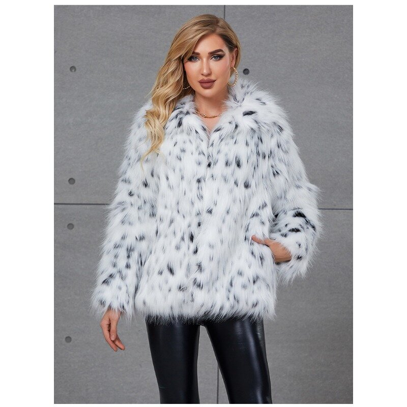 Giacca in pelliccia sintetica europea e americana per giacca in pelliccia di volpe sintetica con collo caldo in pelliccia di leopardo da donna
