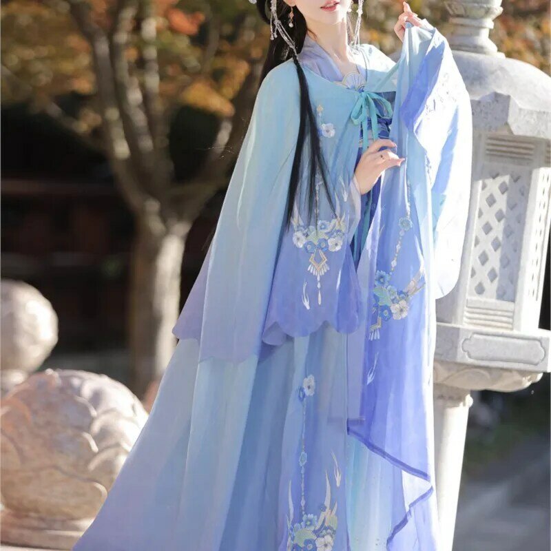 Hanfu Dress bordir putri duyung, gaun potongan tinggi dada mengalir