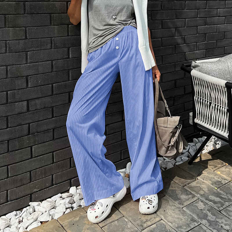 Pantalones holgados de cintura media para mujer, ropa informal, estilo callejero, Simple, azul, Retro, combina con todo, moda de verano