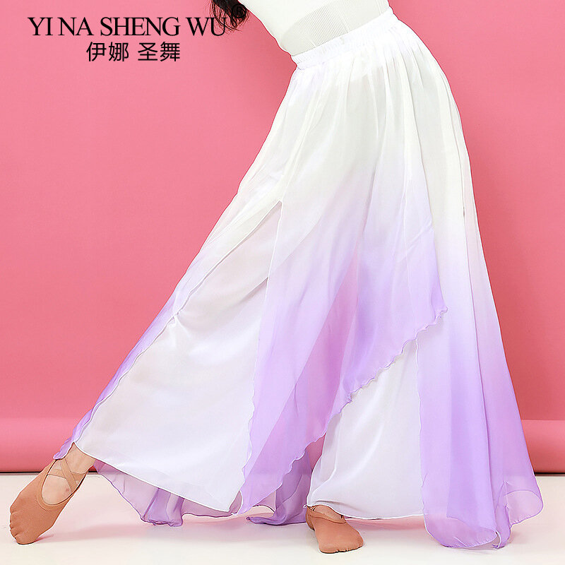 Trajes de dança clássica dança folclórica dança chinesa gradiente elegante desempenho traje chanfrado fenda calças soltas novo