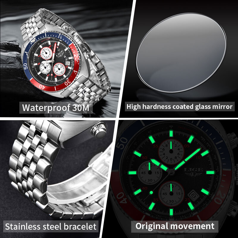 LIGE-Relógio de quartzo impermeável masculino, relógios esportivos originais, aço completo, relógio de pulso cronógrafo, marca top