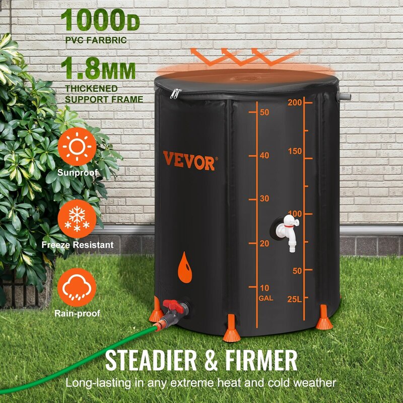VEVOR Collapsible Rain Barrel 53/100 Gal Large Capacity PVC Rainwater Collection System with Spigots and Overflow Kitfor Garden