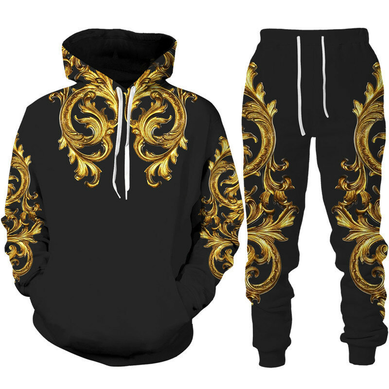 Luxus Marke Goldene 3D Druck männer Winter Jacken Set Sport Hoodie/Tousers 2 Stück Outfits Trainingsanzug Männer/frauen Gehobenen Anzug