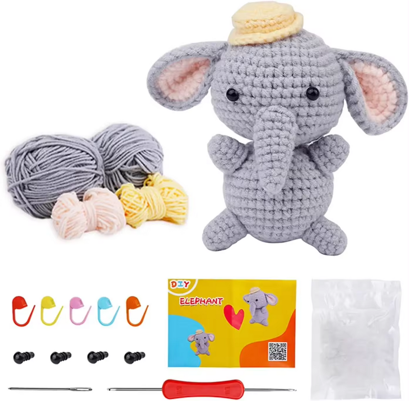 Elefante pequeno Em Forma DIY Handmade Crochet Kit, Iniciante Set, Saco Personalizado, Design De Embalagem