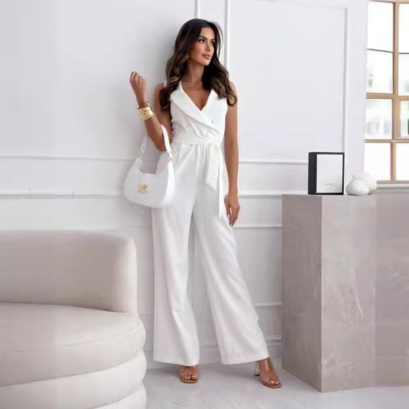 2024 Spring Summer Solid Color Simple Temperament Belt New High Waist Commuter Waist Trimming Lace up Jumpsuit for Women