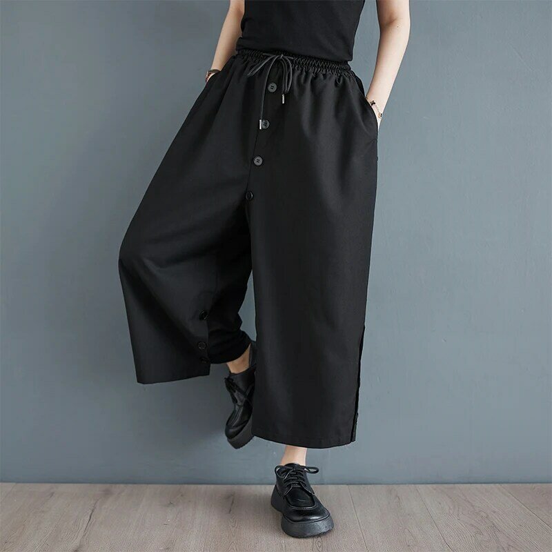 Брюки женские на пуговицах с завышенной талией, шикарные темно-черные свободные брюки с широкими штанинами в японском стиле Ямамото, уличная мода, повседневные штаны, весна-лето
