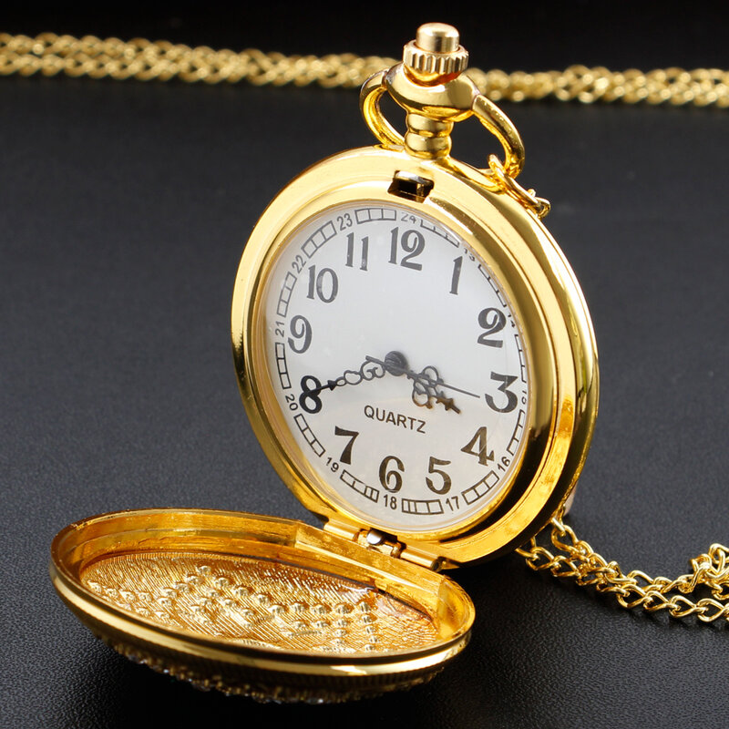 Gold Diamond Fashion Quartz Pocket Watch Retro Women's Jewelry Chain Necklace Birthday Timepiece Anniversary Gift