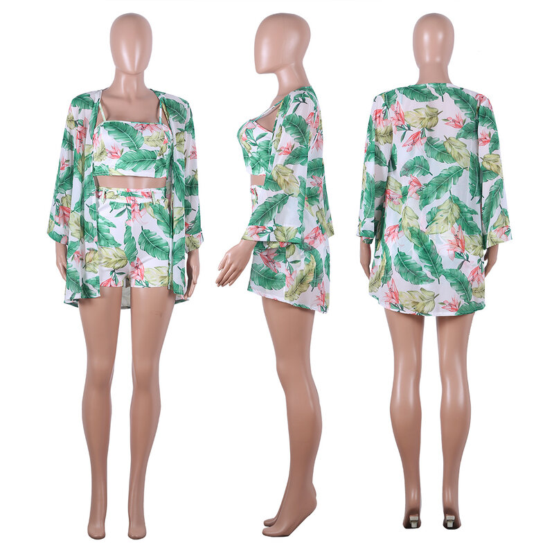 Cover-Ups-Ensemble de bikini en mousseline de soie avec fentes pour femme, robe d'été en maille extensible, bikini doux, fleur, plage de vacances, luxe, 3 pièces
