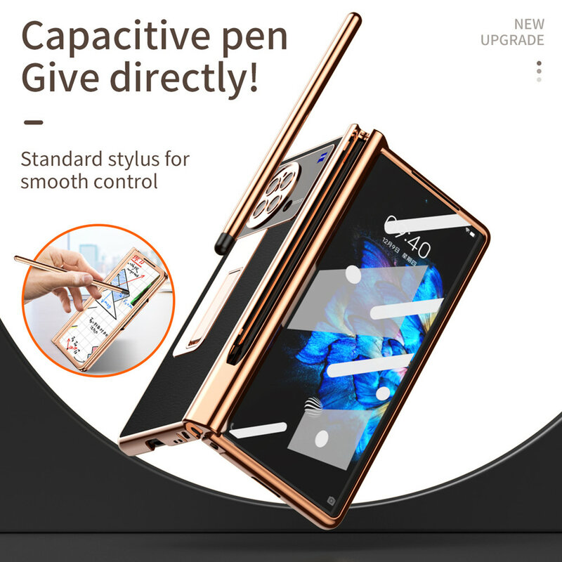 Dobradiça caneta caso para vivo x fold capa de couro com vidro temperado flim para x fold 5g lápis slot caso vivo x fold 360 proteção