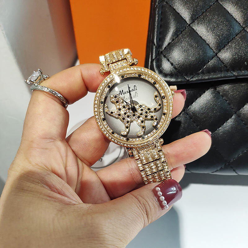 Relógios femininos de leopardo, de alta qualidade, quartzo, moderno, luxuoso, marca, relógio dourado, feminino, strass, pulseira à prova d'água