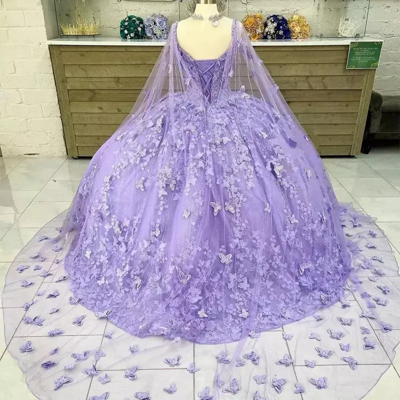Vintage Lavender Ball Gown Quinceanera Dresses With Wrap 15th Party 3D Butterfly Lace Formal Cinderella Princess Birthday Gowns