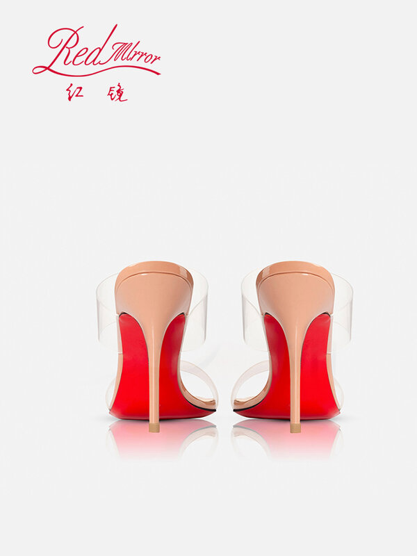 Red bottom transparent strap summer wear sandals, high heels, PVC soft, not yellow, open toe, empty back, handmade women's shoes