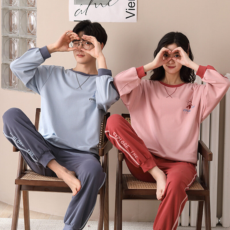 New Fashion Autumn Pajamas Set Couples Cartoon 100% Cotton Pijamas Loose Men Sleepwear Long Sleeved Long Pants Nightwear Women