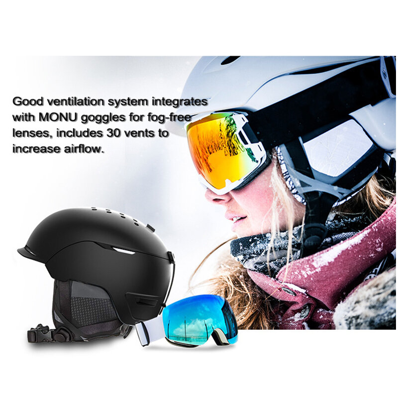 หมวกเล่นสกีแว่นตาโดยรวม ABS + PC + EPS คุณภาพสูงหมวกเล่นสกี,กีฬากลางแจ้ง,สโนว์บอร์ดและสเก็ตบอร์ดหมวกนิรภัย