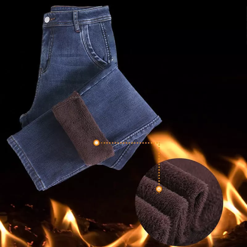 Calça jeans reta grossa de lã quente feminina, cintura alta, calça jeans retrô, calça de vaqueiro, moda clássica, inverno, nova