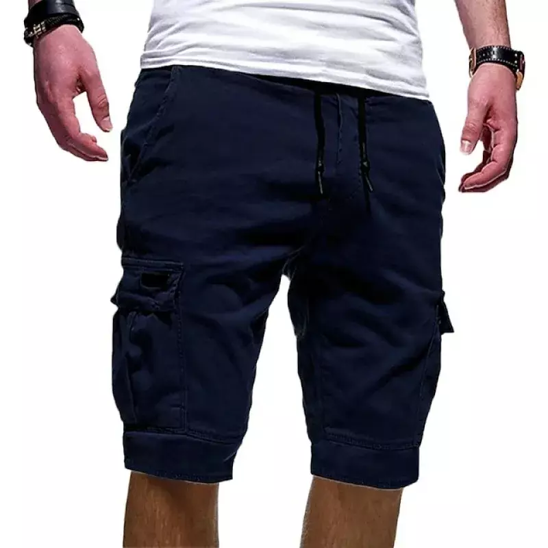 กางเกงขาสั้นฮิปฮอปแบบหลายกระเป๋าสำหรับผู้ชายใหม่100% แฟชั่นฤดูร้อนผ้าฝ้ายสีทึบกีฬาวิ่ง