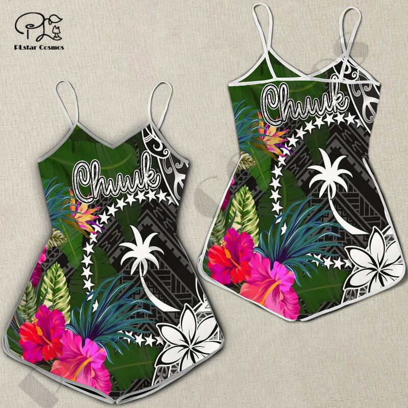 PLstar Cosmos Romper Wanita Tato Chuuk Gambar 3D Terbaru Gaya Khusus Polinesia Jumpsuit Set Pendek Kasual Musim Panas Streetwear A-1