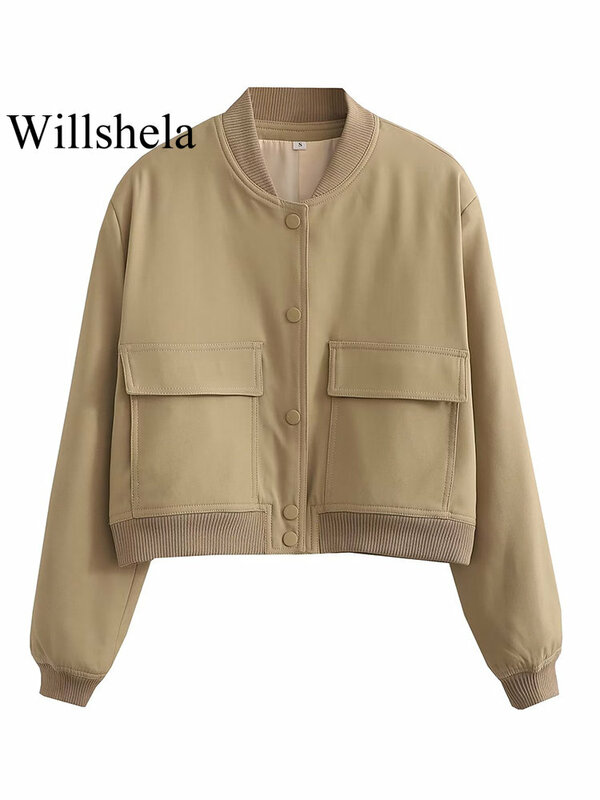 Willshela-Jaquetas bomber monocromáticas femininas, casaco com bolsos, decote em v, peito único, mangas compridas, roupas chiques para senhora, moda feminina