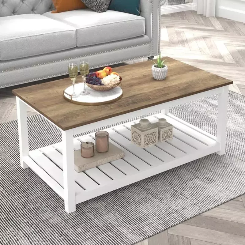 Holzmaserung Oberfläche mit weißem Rahmen Bauernhaus Couch tisch mit Lager regal, rustikalen Vintage Holz Couch tisch für Wohnzimmer