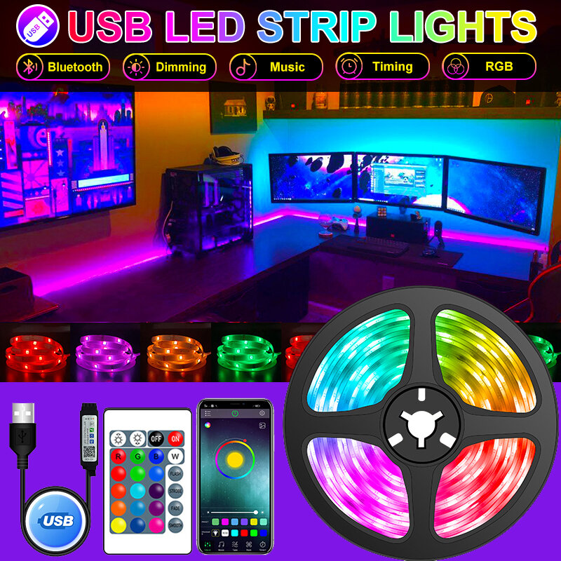 USB LED Strip Lights para decoração do quarto, RGB, 5050, Bluetooth, Controle APP, Lâmpada flexível, Fita, TV, Luz de fundo, Fita de diodo, WiFi, 1-30m