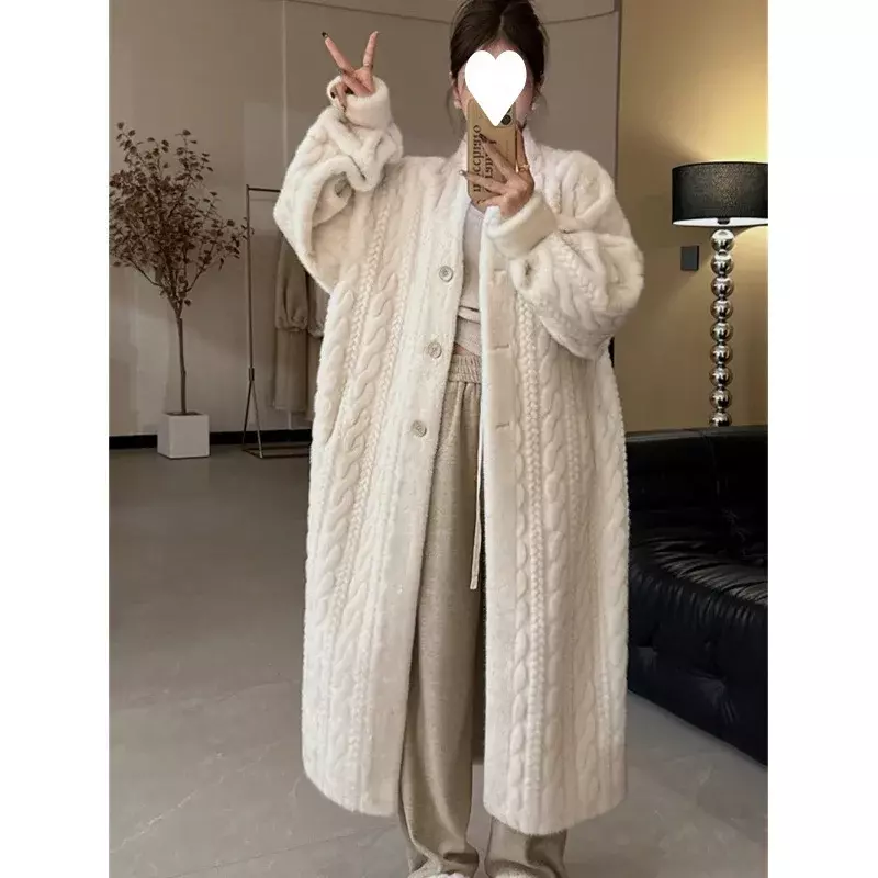 Dikker Imiteren Nerts Nepbont Overjassen Winter Mid-Length Harige Jassen Luxe Hoge Kwaliteit Twist Bovenkleding Vrouwen Koreaans Jasje
