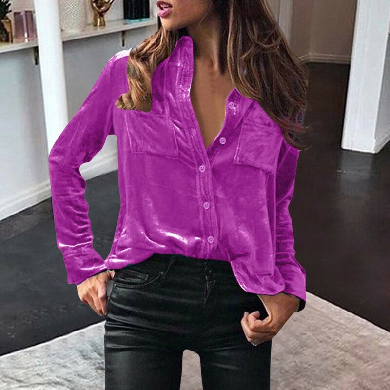 Women's Fashionable Blouse Velvet Turn Down Collar Long Sleeve Solid Color Elegant Shirts Button Pocket Casual Shirt Tops