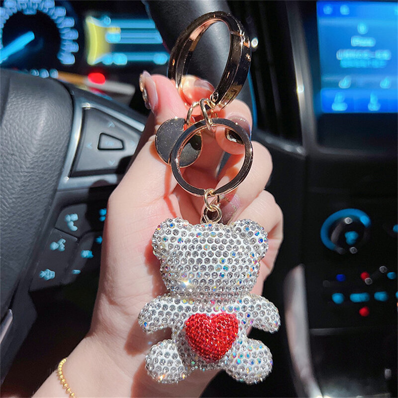 Full Diamond Love Teddy Bear Keychain Metal Large Ring Cute Cartoon Doll Keyring Bag Backpack Pendant Car Hanging Small Gift New