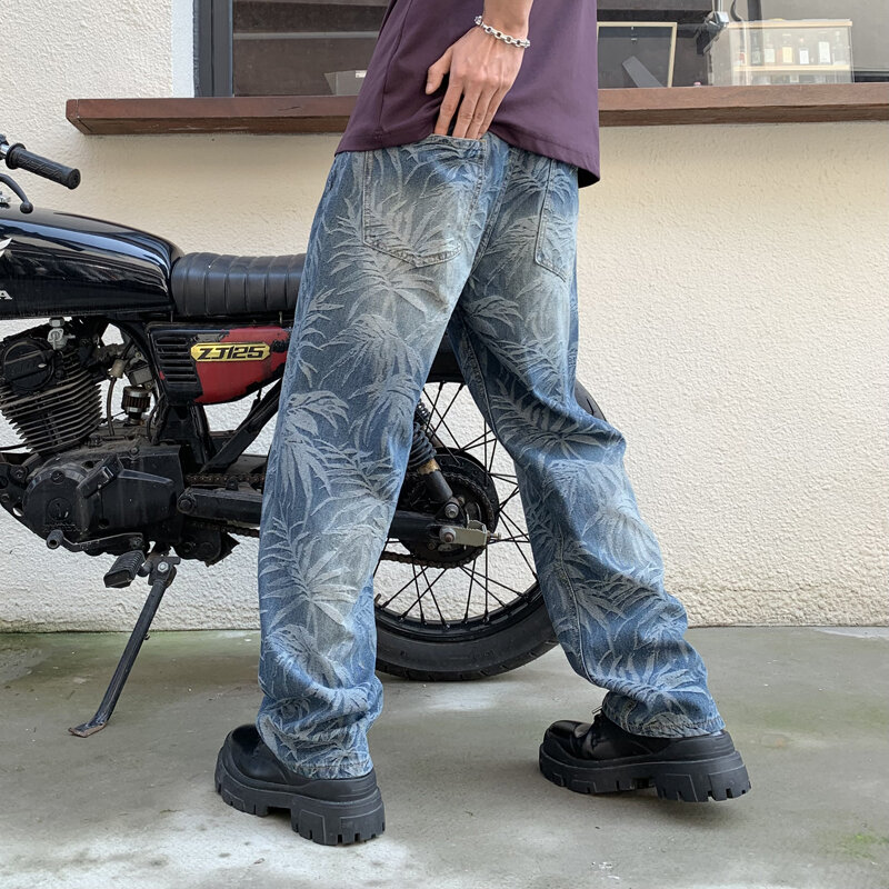 Jeans larghi stampati alla moda da uomo street hip-hop trendy stile coreano per il tempo libero pantaloni a gamba larga dritti di fascia alta lavati
