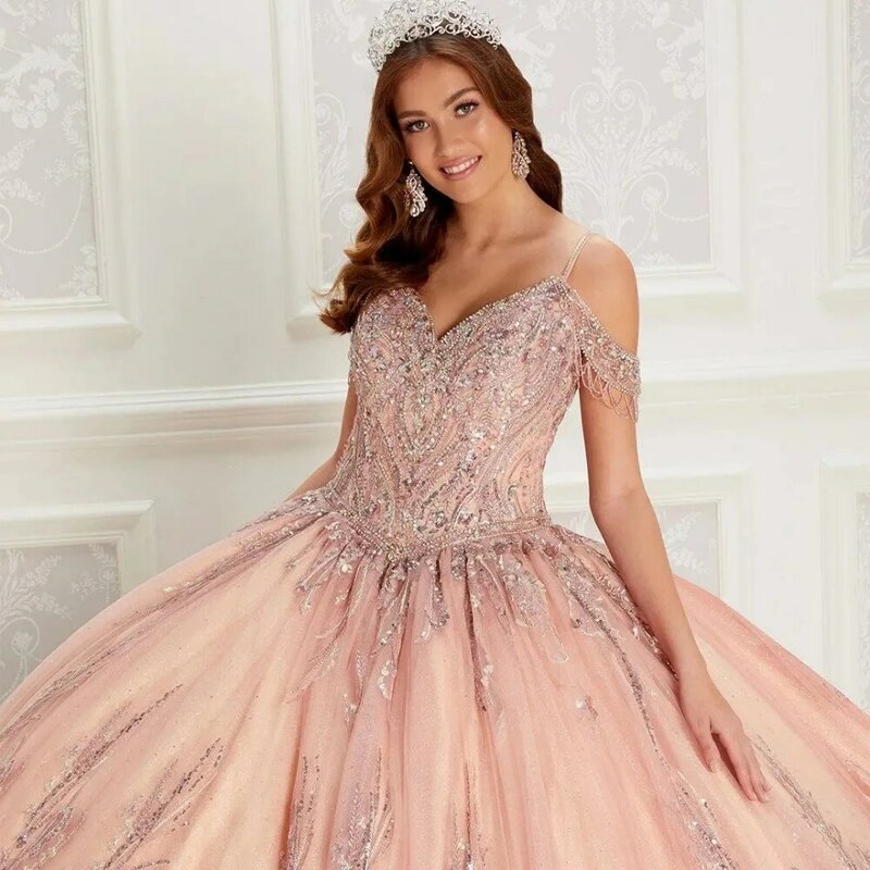 우아한 오프숄더 성인식 드레스, 반짝이는 아플리케 비즈 볼 가운, 핑크 멕시코 스위트 16 드레스, 15 아노스