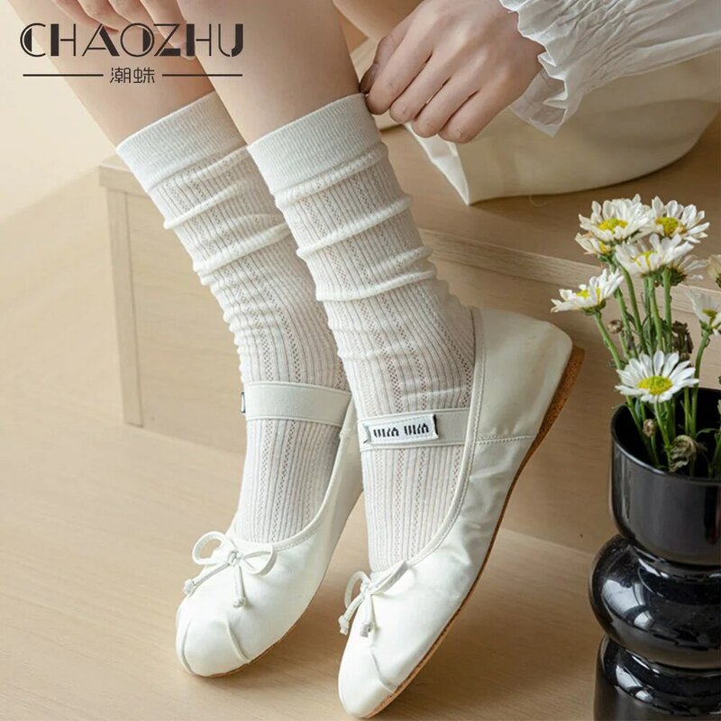 CHAOZHU 1 Pair Women Spring Summer Thin Hollow Out Long Loose Socks Sweet Lolita JK Breathable Cotton Knitting Pink Mike Sox