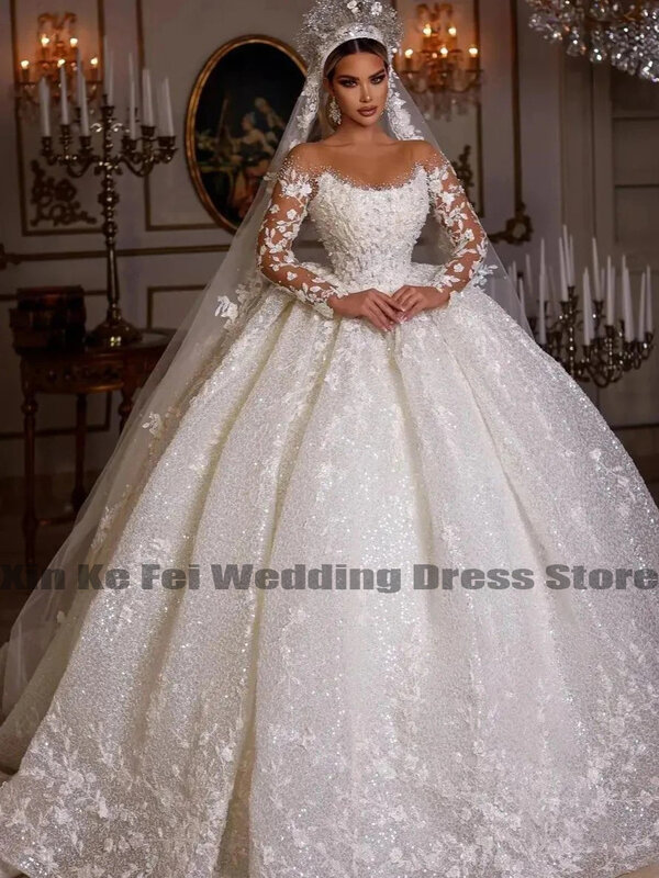 Роскошные кружевные женские свадебные платья, блестящие свадебные платья принцессы с длинным рукавом, трапециевидная бижутерия, официальное женское платье 2023
