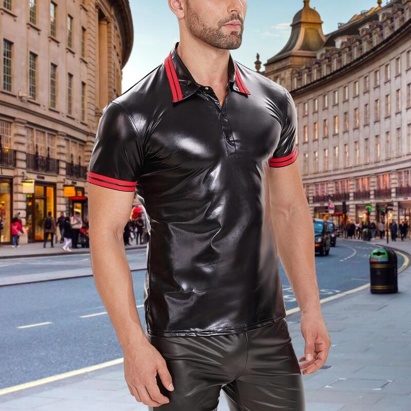 Lightweight Breathable Tops Men's Faux Leather Club Party Shirt with Turn-down Collar Slim Fit Summer Top for Performance Soft