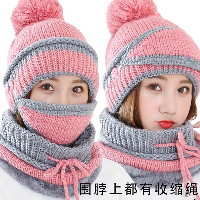Extra fleece and thick knitted ear protection hat women's Korean version of fashionable hairball hat outdoor warm women's set