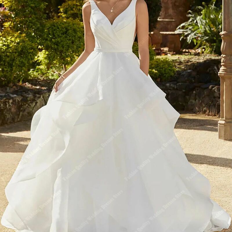 Vestidos de casamento marfim para mulheres, alças largas, vestidos de noiva vintage, tecido brilhante, design V profundo, mais novo